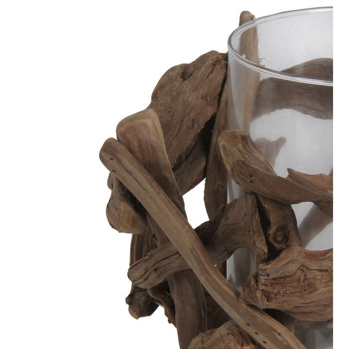 Organic Wooden Root Candle Holder with Glass Hurricane,Brown and Clear