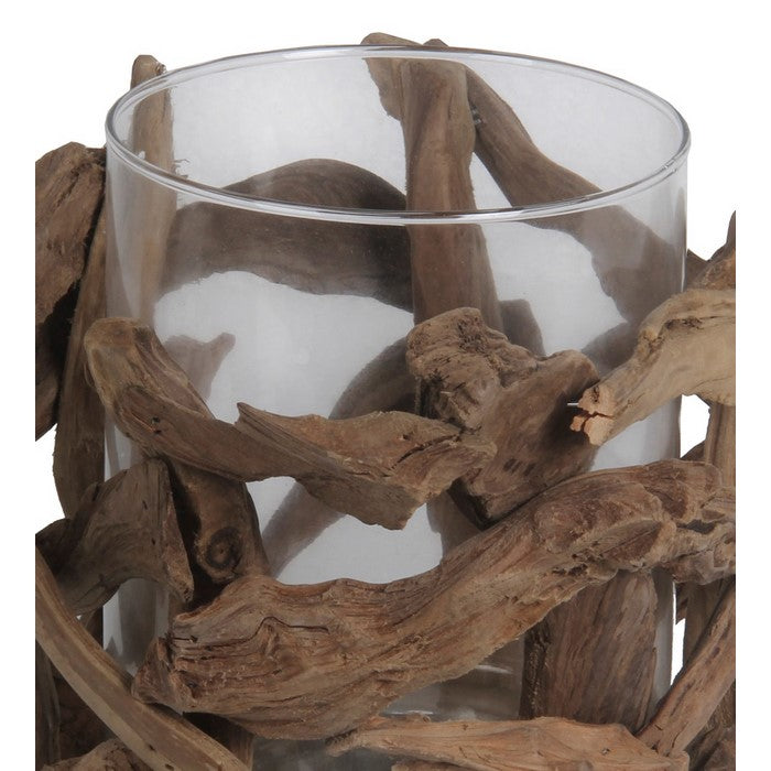 Organic Wooden Root Candle Holder with Glass Hurricane,Brown and Clear