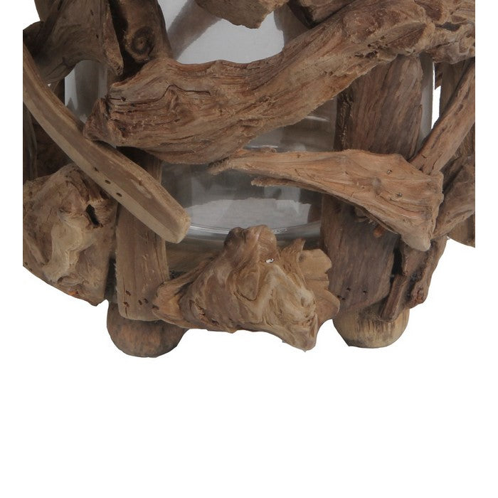 Organic Wooden Root Candle Holder with Glass Hurricane,Brown and Clear