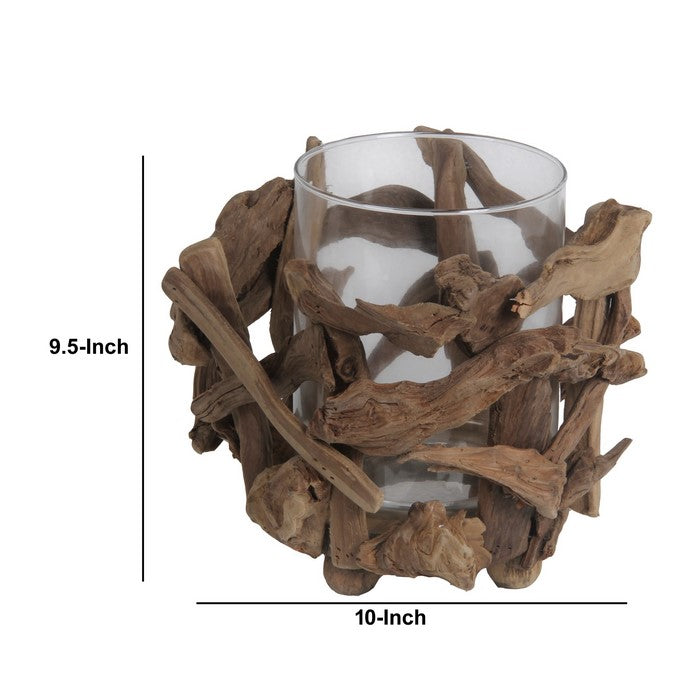 Organic Wooden Root Candle Holder with Glass Hurricane,Brown and Clear