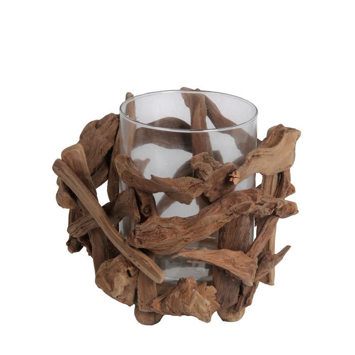 Organic Wooden Root Candle Holder with Glass Hurricane,Brown and Clear