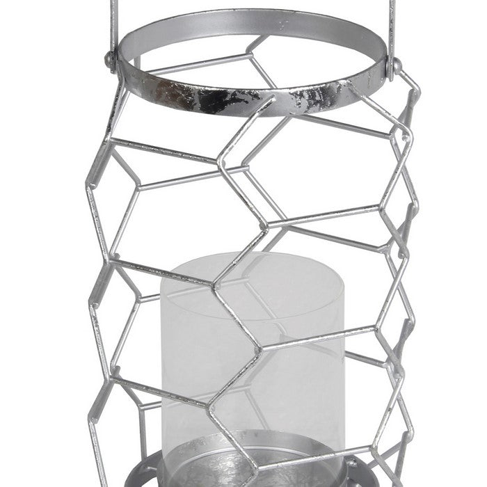 Geometric Metal Wire Candle Holder with Glass Hurricane, Small, Silver