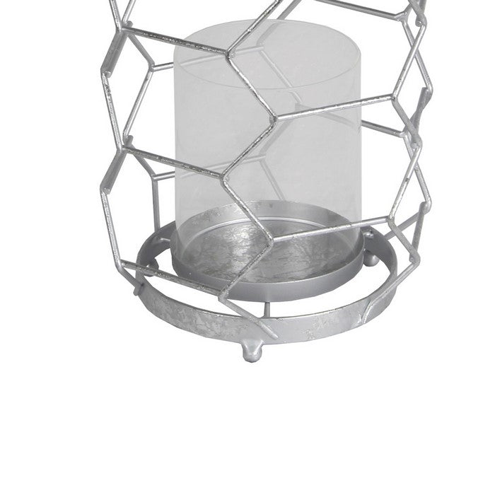 Geometric Metal Wire Candle Holder with Glass Hurricane, Small, Silver