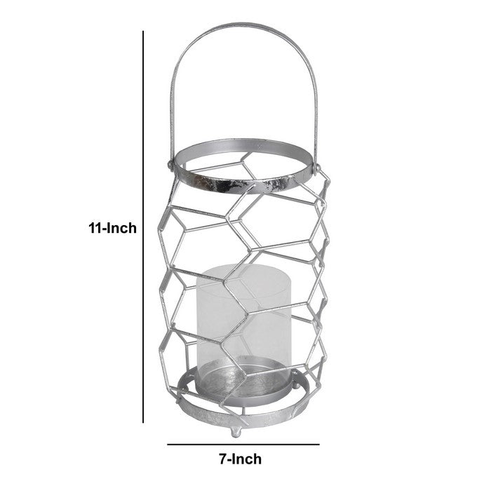 Geometric Metal Wire Candle Holder with Glass Hurricane, Small, Silver