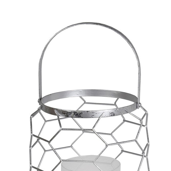Geometric Metal Wire Candle Holder with Glass Hurricane, Large, Silver