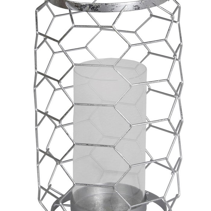 Geometric Metal Wire Candle Holder with Glass Hurricane, Large, Silver
