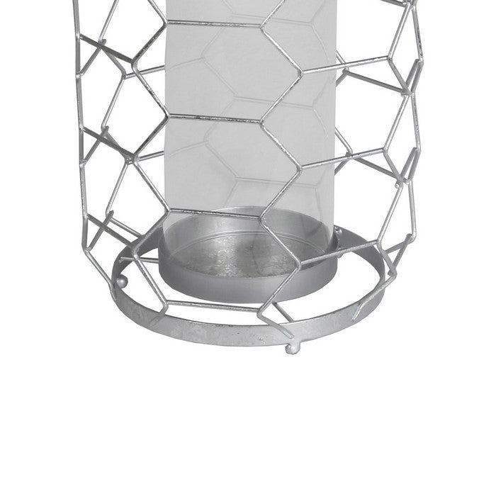 Geometric Metal Wire Candle Holder with Glass Hurricane, Large, Silver