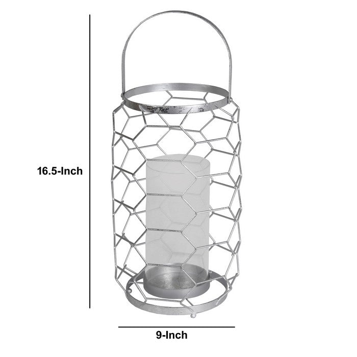 Geometric Metal Wire Candle Holder with Glass Hurricane, Large, Silver