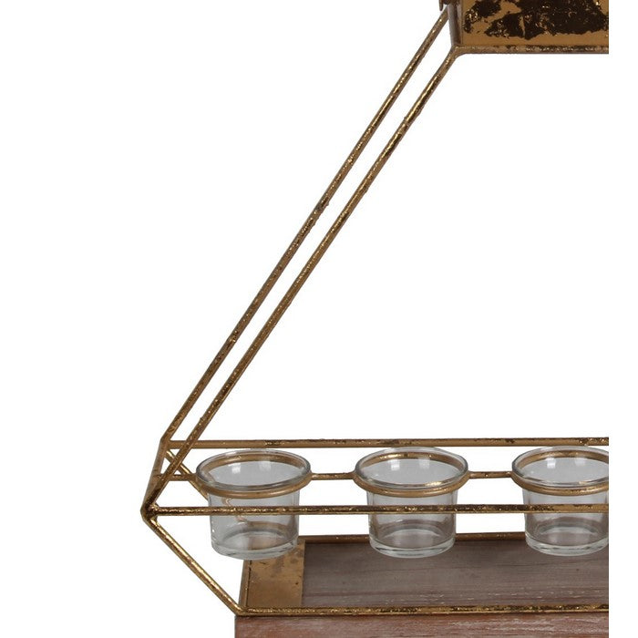 Geometric Metal Candle Lantern with 5 Glass Votive, Large, Gold