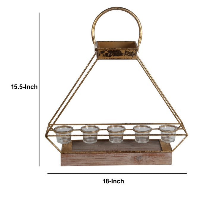 Geometric Metal Candle Lantern with 5 Glass Votive, Large, Gold