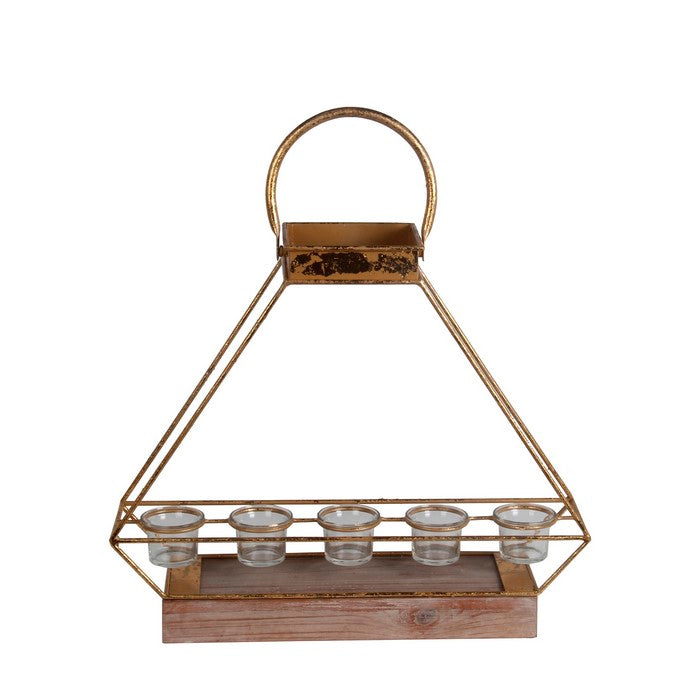 Geometric Metal Candle Lantern with 5 Glass Votive, Large, Gold