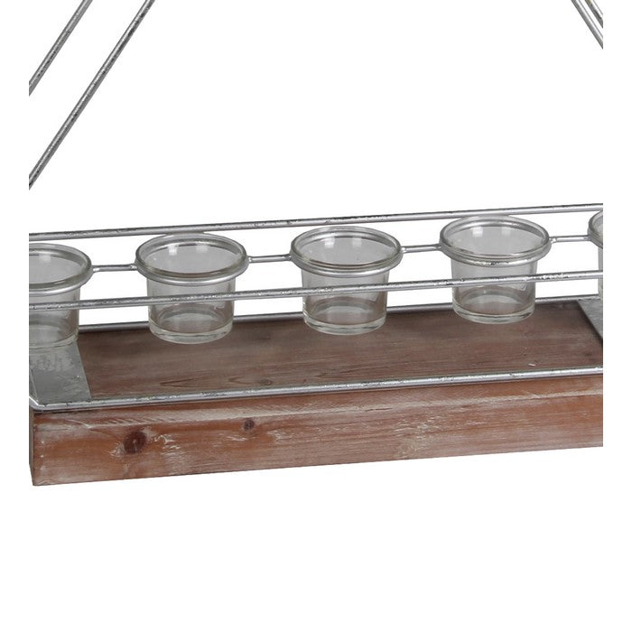 Geometric Metal Candle Lantern with 5 Glass Votive, Large, Silver