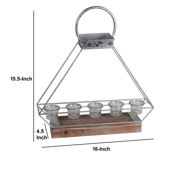 Geometric Metal Candle Lantern with 5 Glass Votive, Large, Silver
