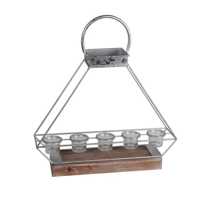 Geometric Metal Candle Lantern with 5 Glass Votive, Large, Silver