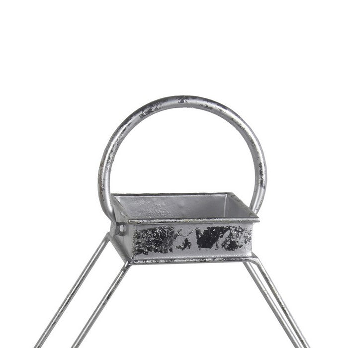 Wooden Base Metal Candle Lantern with 4 Glass Votive, Large, Silver