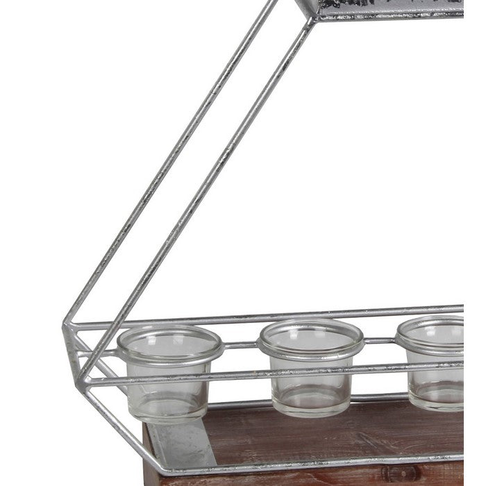 Wooden Base Metal Candle Lantern with 4 Glass Votive, Large, Silver