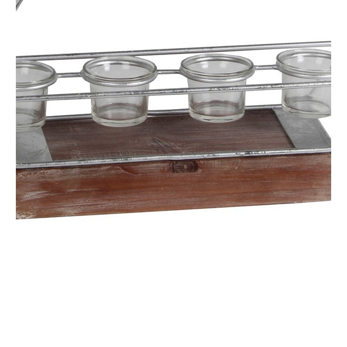 Wooden Base Metal Candle Lantern with 4 Glass Votive, Large, Silver