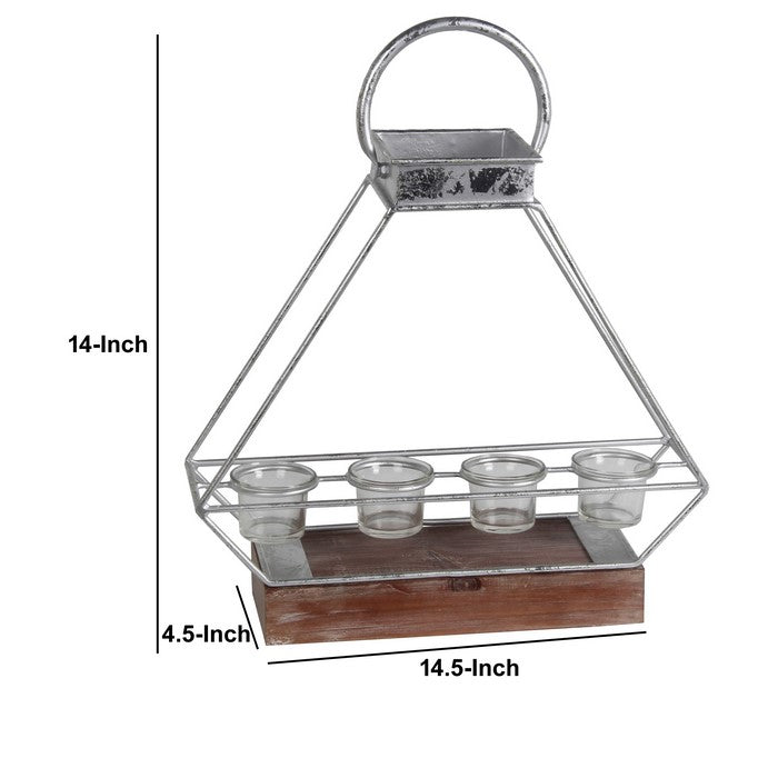 Wooden Base Metal Candle Lantern with 4 Glass Votive, Large, Silver
