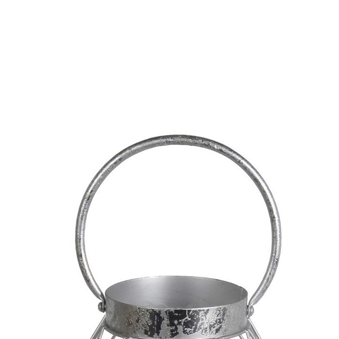 Geometric Design Metal Candle Holder with Glass Hurricane,Large,Silver