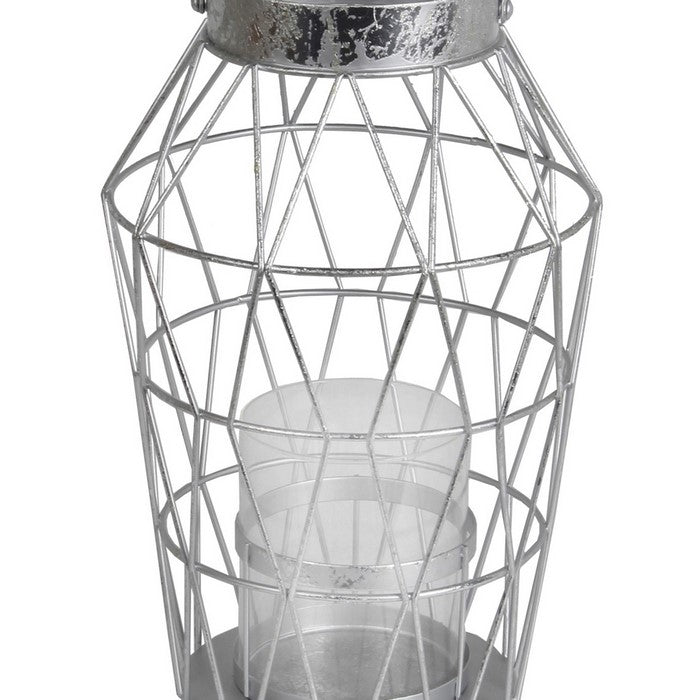 Geometric Design Metal Candle Holder with Glass Hurricane,Large,Silver