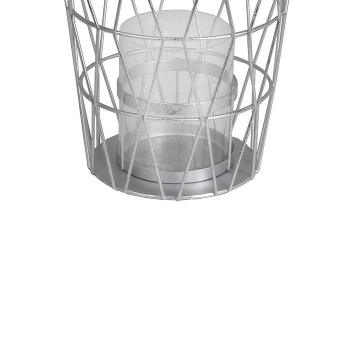 Geometric Design Metal Candle Holder with Glass Hurricane,Large,Silver
