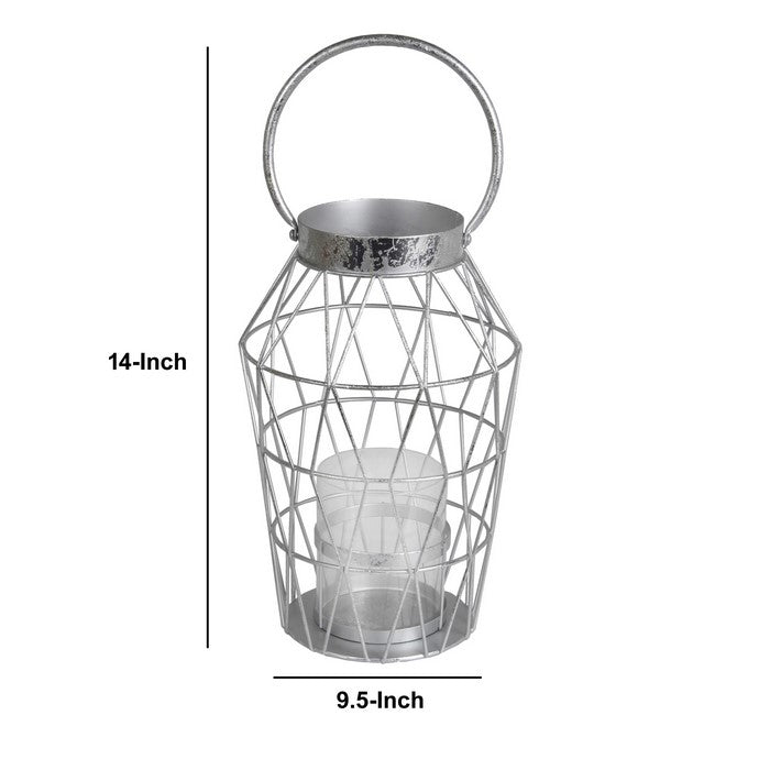 Geometric Design Metal Candle Holder with Glass Hurricane,Large,Silver