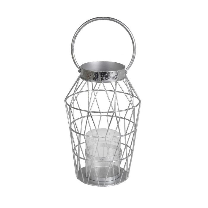 Geometric Design Metal Candle Holder with Glass Hurricane,Large,Silver