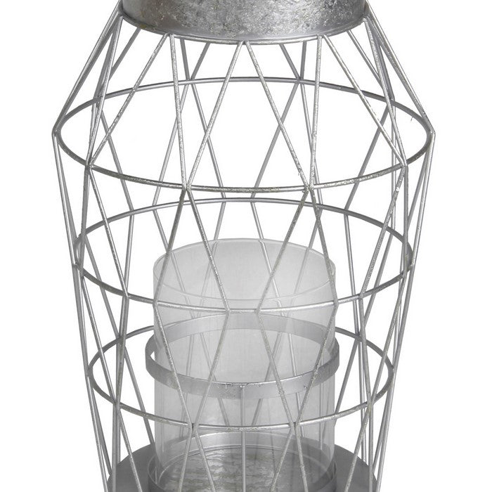 Geometric Frame Metal Candle Holder with Glass Hurricane,Small, Silver