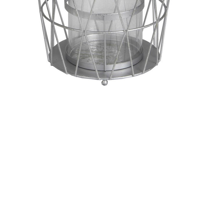 Geometric Frame Metal Candle Holder with Glass Hurricane,Small, Silver