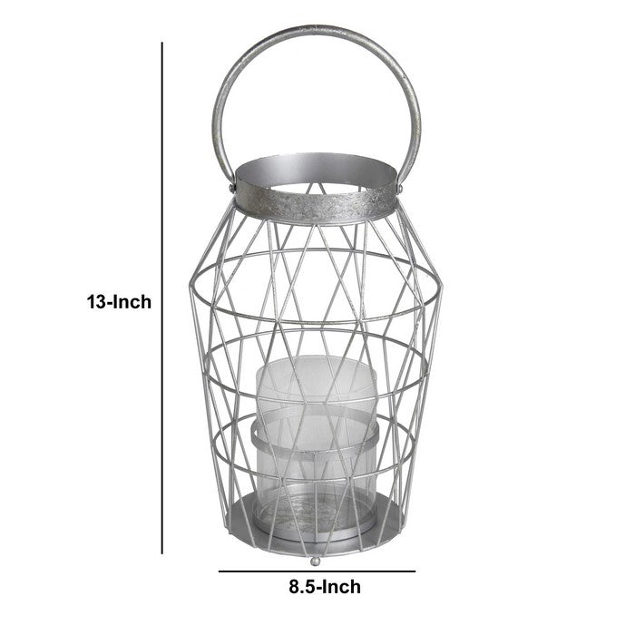 Geometric Frame Metal Candle Holder with Glass Hurricane,Small, Silver