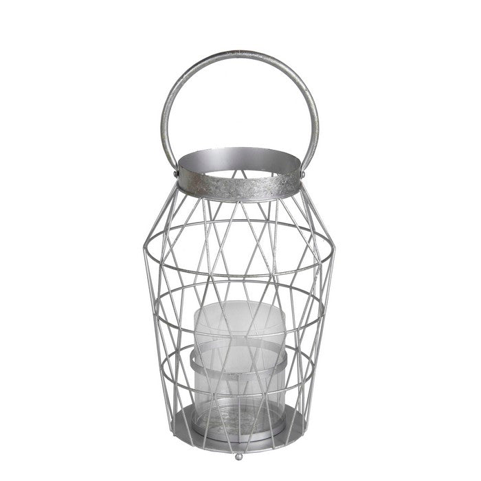 Geometric Frame Metal Candle Holder with Glass Hurricane,Small, Silver