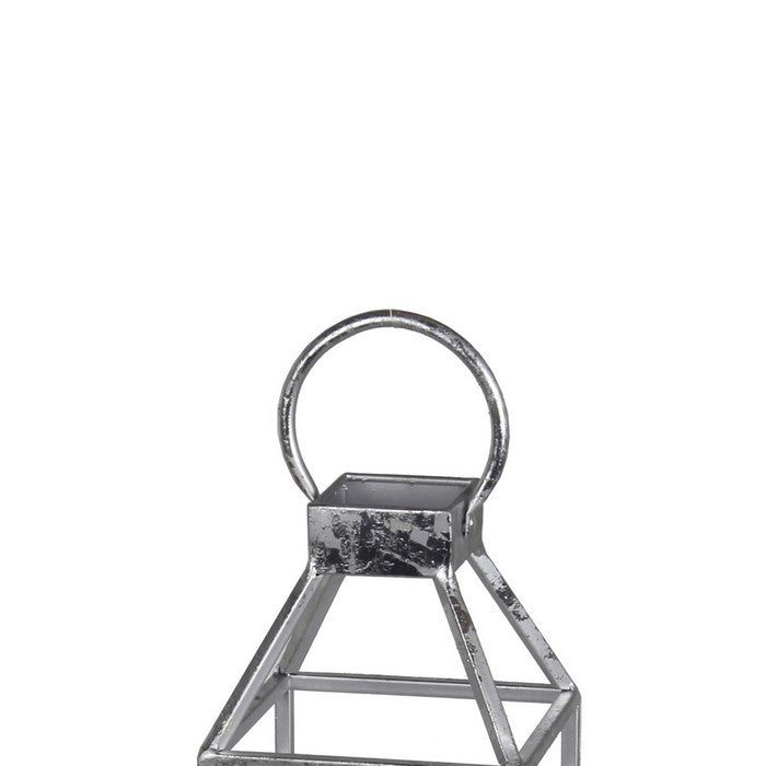 Open Frame Metal Candle Lantern with Glass Hurricane, Small, Silver