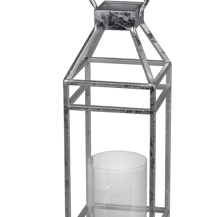 Open Frame Metal Candle Lantern with Glass Hurricane, Small, Silver