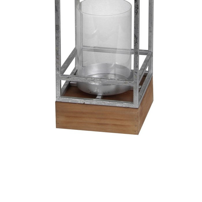 Open Frame Metal Candle Lantern with Glass Hurricane, Small, Silver