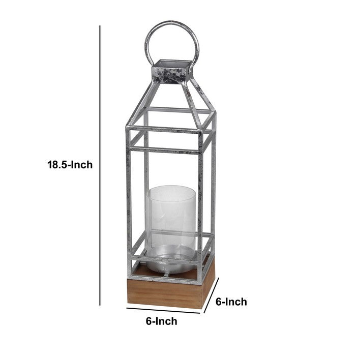 Open Frame Metal Candle Lantern with Glass Hurricane, Small, Silver