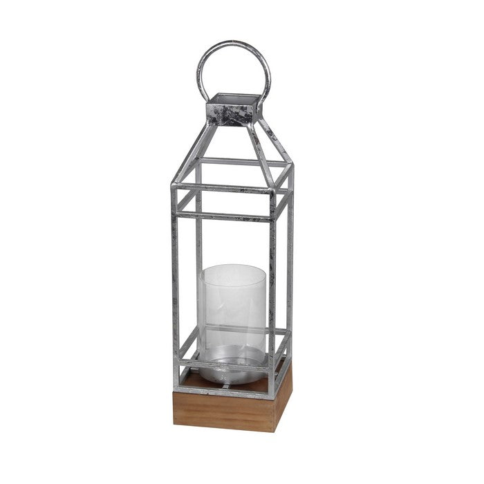 Open Frame Metal Candle Lantern with Glass Hurricane, Small, Silver