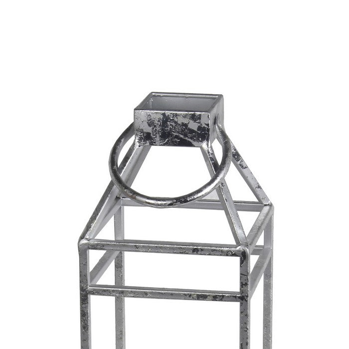 Open Frame Metal Candle Lantern with Glass Hurricane, Large, Silver