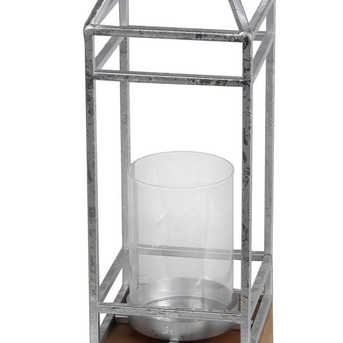 Open Frame Metal Candle Lantern with Glass Hurricane, Large, Silver