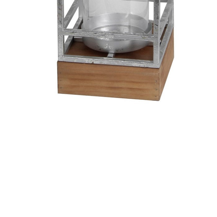 Open Frame Metal Candle Lantern with Glass Hurricane, Large, Silver
