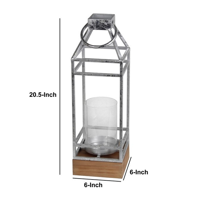 Open Frame Metal Candle Lantern with Glass Hurricane, Large, Silver