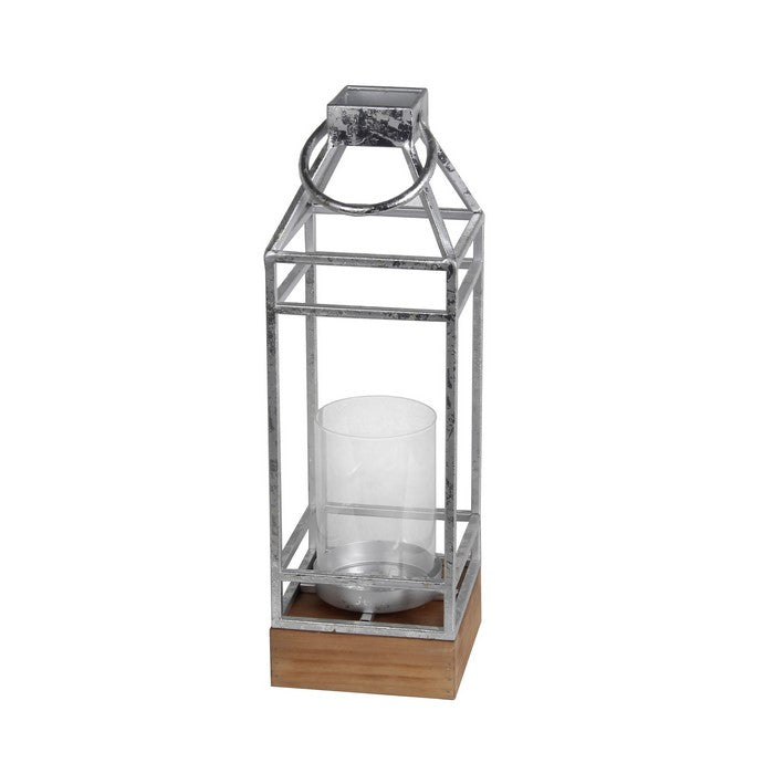 Open Frame Metal Candle Lantern with Glass Hurricane, Large, Silver