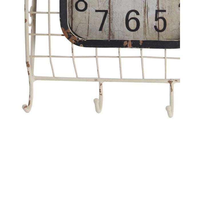 Iron Wall Clock with 4 Hooks and Scrollwork Details, White and Black