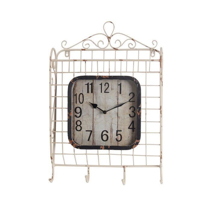 Iron Wall Clock with 4 Hooks and Scrollwork Details, White and Black