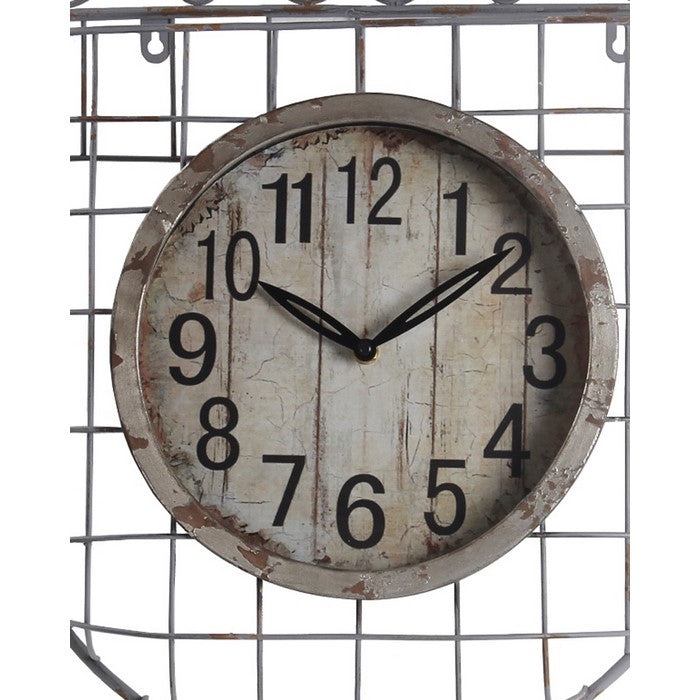 Iron Wall Clock with 3 Hooks and Scrollwork Details, White and Gray