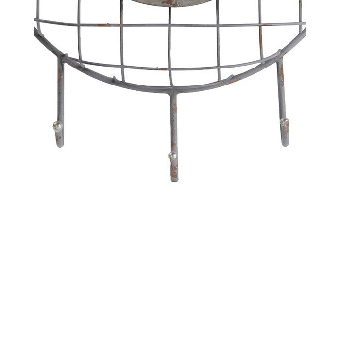 Iron Wall Clock with 3 Hooks and Scrollwork Details, White and Gray