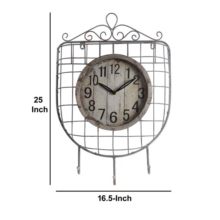 Iron Wall Clock with 3 Hooks and Scrollwork Details, White and Gray
