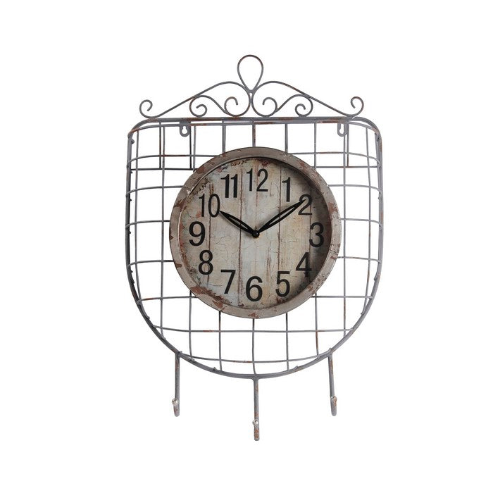 Iron Wall Clock with 3 Hooks and Scrollwork Details, White and Gray