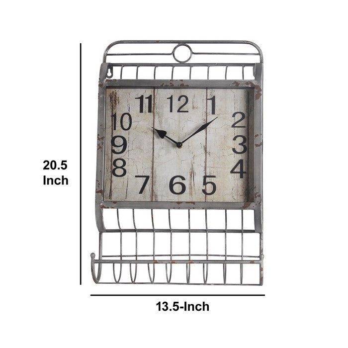 Traditional Style Square Iron Wall Clock with Basket,Gray and White