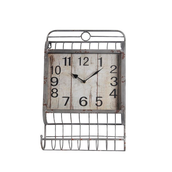 Traditional Style Square Iron Wall Clock with Basket,Gray and White
