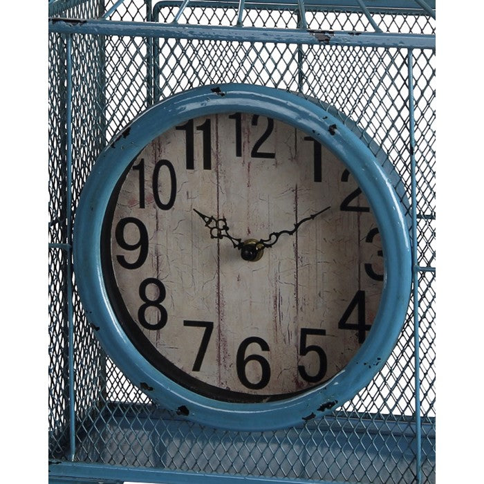 Mesh Design Iron Table Clock with Ring Handle, Blue and White